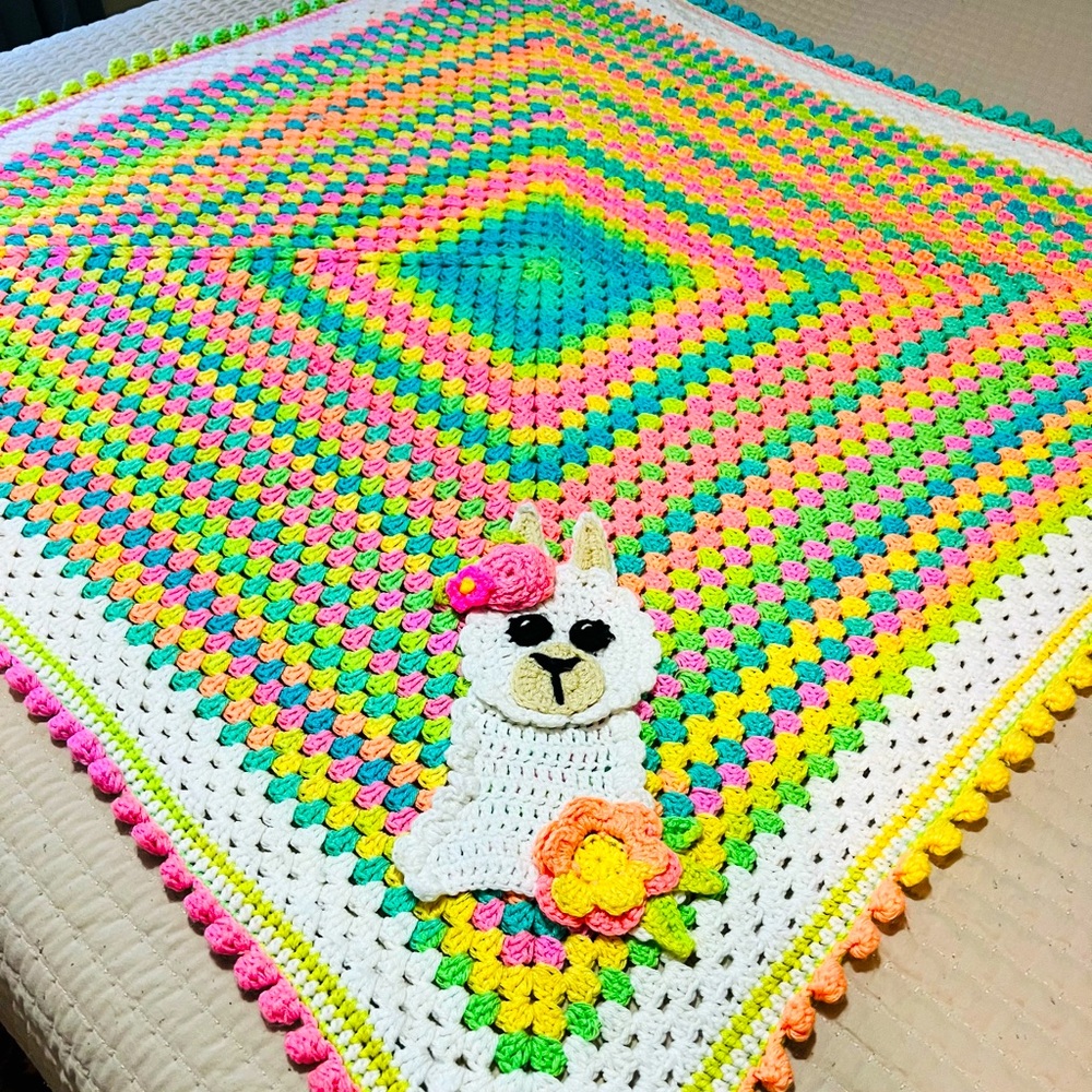 Rainbow Llama Crocheted blanket 46x46